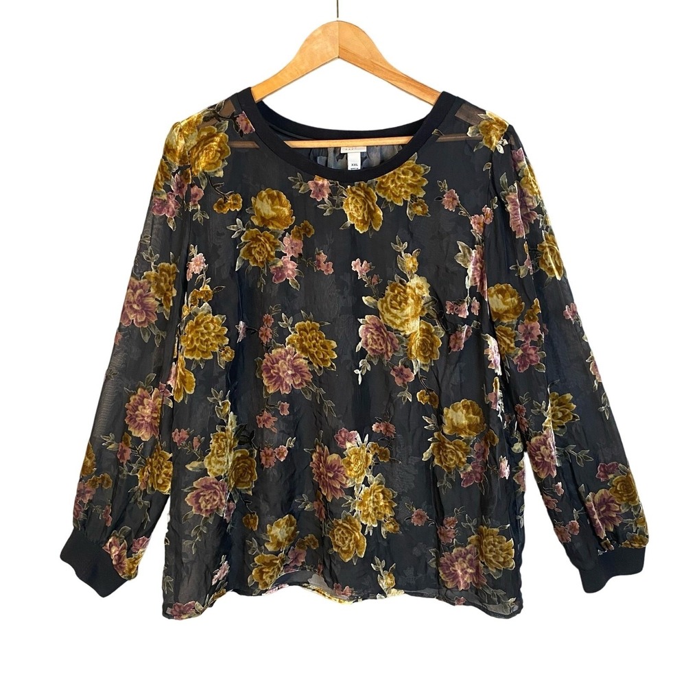 A New‎ Day Floral Velvet Burnout Sheer Top Womens XXL Boho Chic Dark Romantic